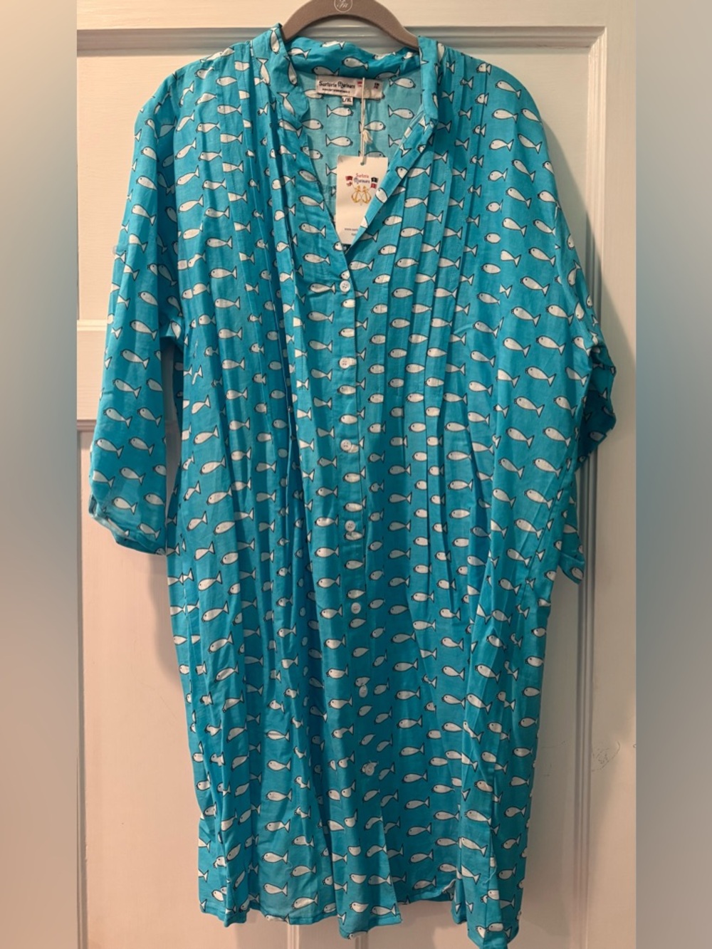 NWT Sartorie Marinare Italian Caftan Dress - Blue and White Fish Print